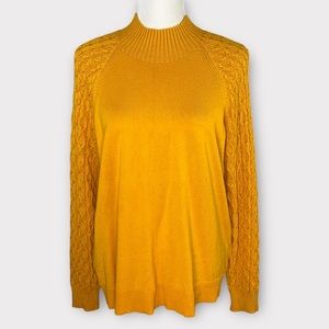 Tribal mustard yellow Mock Neck Sweater XL marigold cable knit honeycomb sleeve